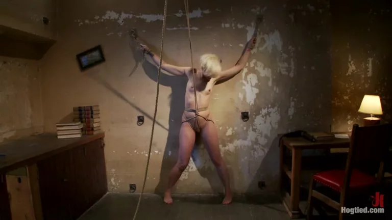Tall Hot Blonde on Tip-Toes Hanging from a Crotch Rope, Made to Squirt (Hogtied)