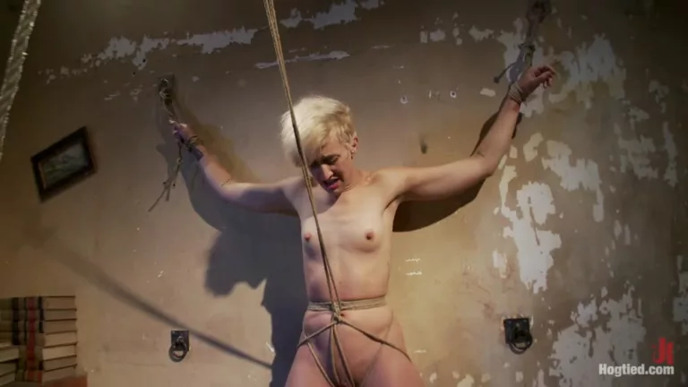 Tall Hot Blonde on Tip-Toes Hanging from a Crotch Rope, Made to Squirt (Hogtied)